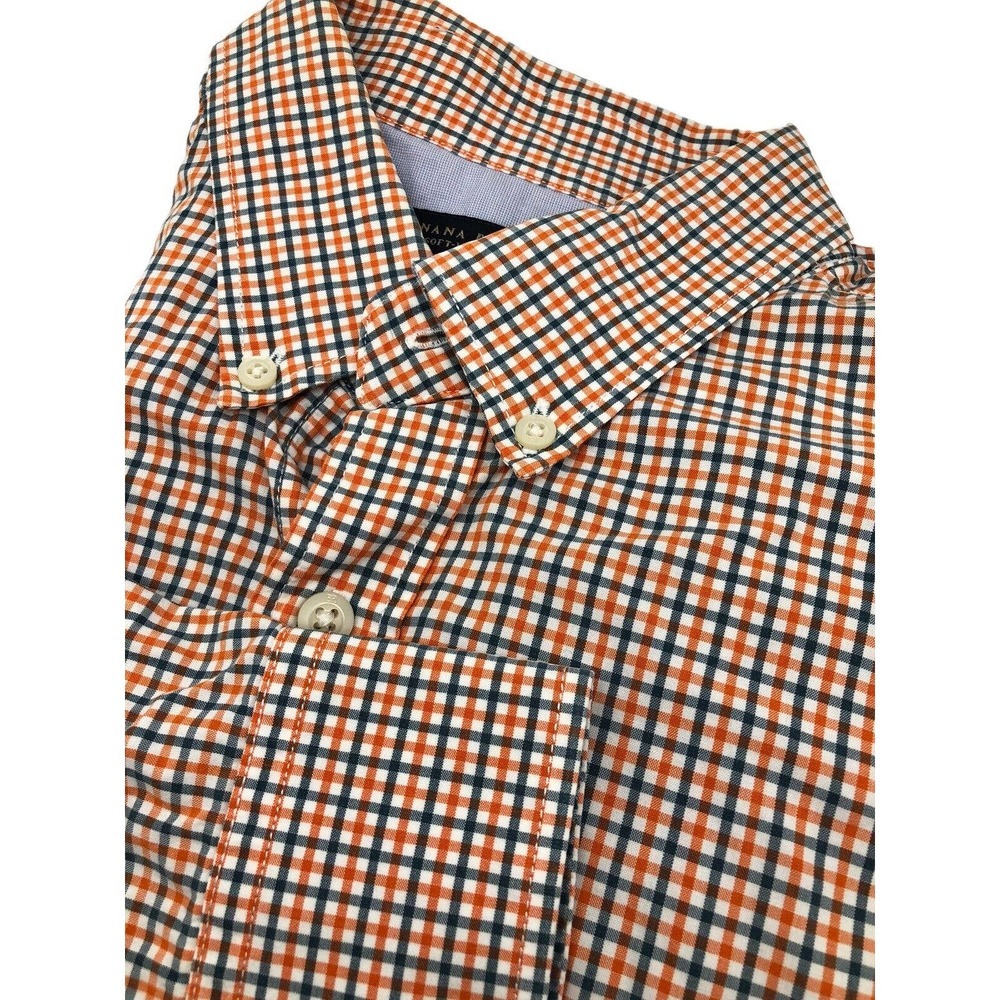 Banana Republic Soft Wash Mens Button Shirt Large 16 White Orange Blue Check